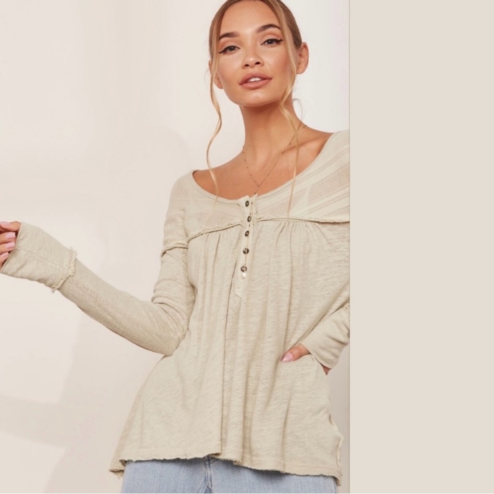 NWOT Free People Olive Green Down Under Henley Top Long Sleeve, Size S